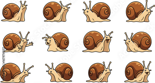 Cute snails display various expressions. Animated mollusks, cartoon characters, nature, wildlife, illustration, art, design, happy, funny, shell
