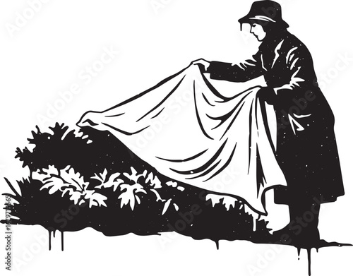 Monochrome mystery unveiling, woman in coat uncovering nature, s