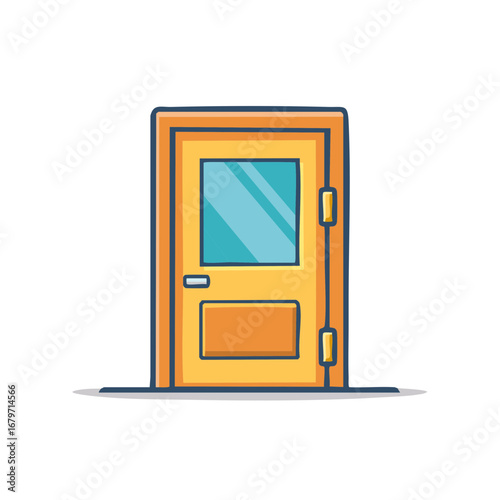 Cartoon illustration of a rectangular yellow door with a light blue window for a house or building entrance
