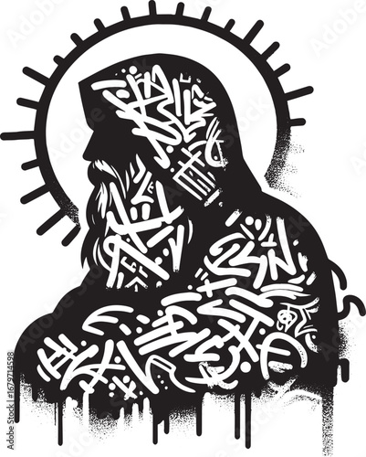 Artistic Silhouette of a Bearded Figure Adorned with Graffiti and Halo Design
