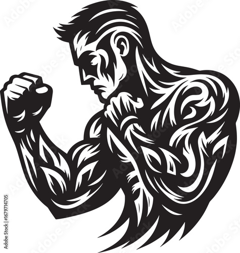 Intense Black and White Illustration of a Muscular Boxer in a Powerful Combat Stance