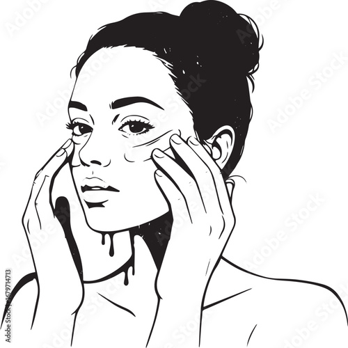Monochrome illustration of a woman applying a beauty product on