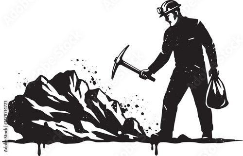 Monochrome depiction of a miner extracting minerals from a rugge