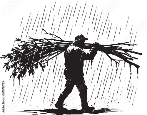 Monochrome depiction of a man carrying branches through torrenti