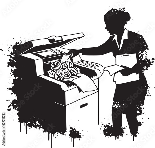 Frustrated employee confronting copier malfunction in monochrome