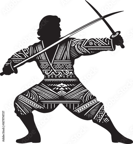 Silhouette of a Warrior with Swords in a Dynamic Pose, Black and White Illustration