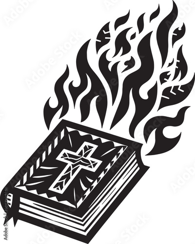 Illustration of a burning bible with a cross representing faith and religious concepts