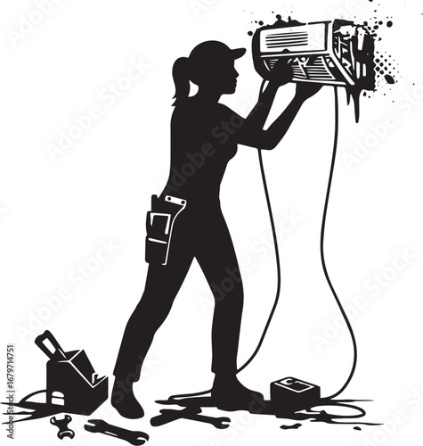 Silhouette of a dedicated woman electrician repairing air condit
