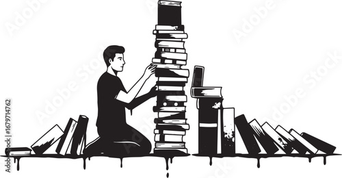 Illustrative depiction of a man balancing a precarious stack of