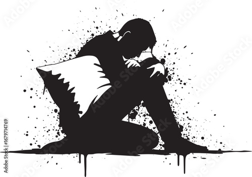 Silhouette of a despondent individual hugging a pillow amidst sp