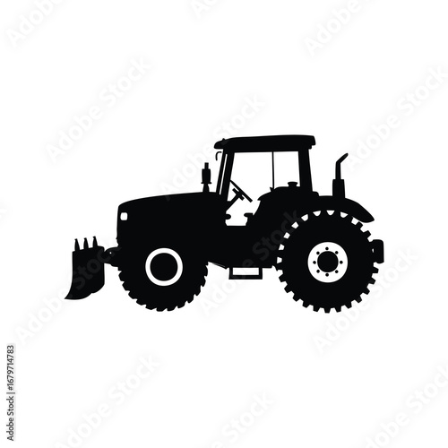 Detailed vector silhouette illustration of a tractor with front end loader, farm tractor with plow silhouette vector illustration