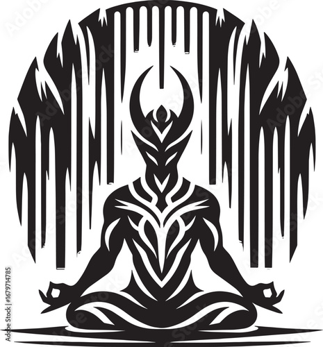 Mystical Figure in Meditation with Horns and Intricate Design, Spiritual Art for Peace and Calm