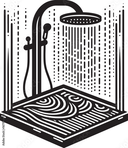 Black and White Illustration of a Shower with Water Flowing in a Bathroom Setting