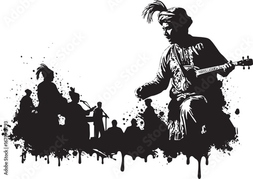 Silhouette musicians with traditional instruments performing liv