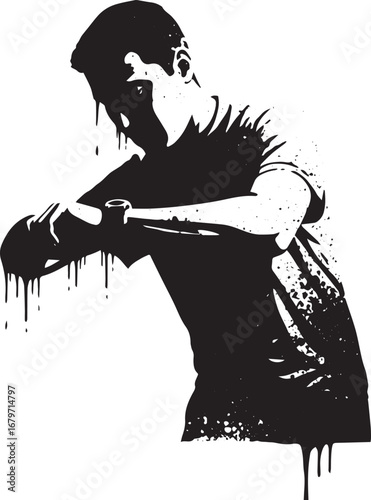 Monochromatic contemporary art depiction of a man checking his w