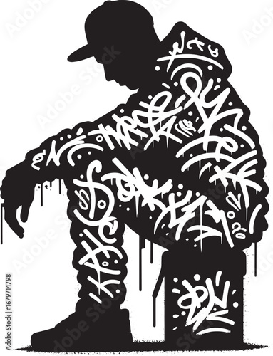 Silhouette of a Person Adorned with Graffiti Art Sitting on a Bucket in a Creative Pose