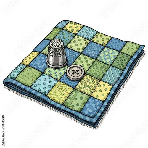 Quilted Fabric with Thimble and Button.