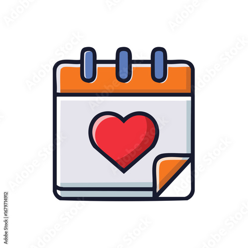 Calendar with a red heart symbol illustrating the date of love, flat vector design.
