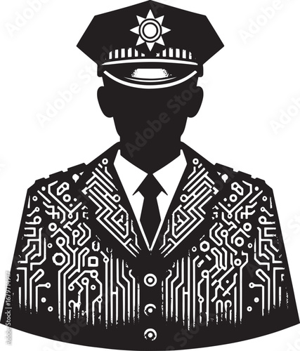 Digital Police Officer Silhouette: Law Enforcement Symbol with Circuit Board Design