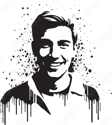 Monochromatic portrait of a smiling man with abstract ink splatt