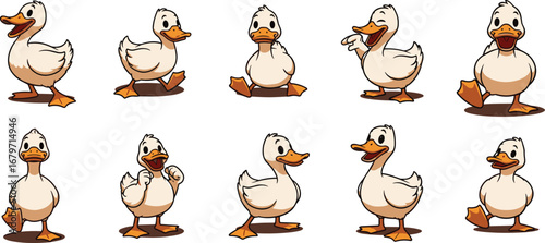 Cartoon ducks show different poses and actions. Cute, comical, animal, illustration, graphic, fun, funny, farm, wildlife, character, mascot