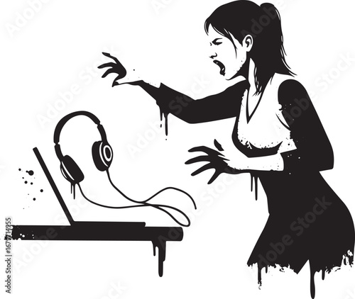 Frustrated woman facing technical issues with headset and laptop
