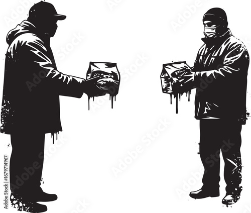 Stylized illustration showcasing delivery personnel exchanging p