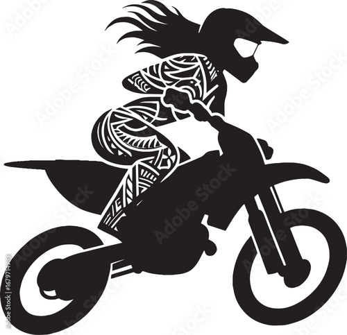 Silhouette of a female motocross rider with intricate tribal patterns on her suit speeding on a bike