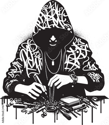 Creative artist working on graffiti design with tools and accessories in black and white artwork