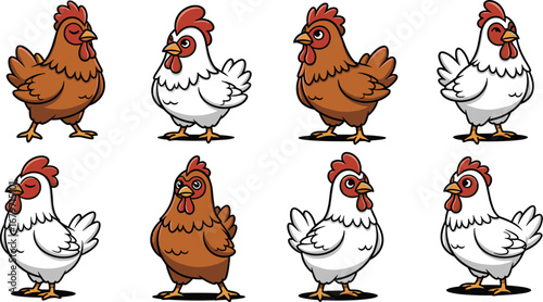 Cartoon chickens in different colors and styles. Farm animals, poultry, funny, comic, illustration, vector, domestic, avian, agriculture, livestock