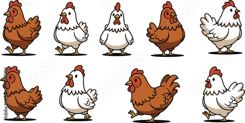 Cute cartoon chicken collection. Farm animals, poultry, livestock, animation, vector art