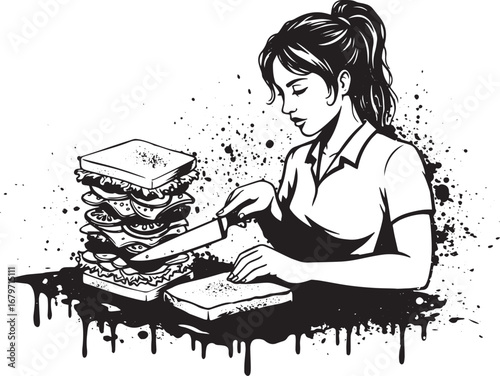 Illustrative food preparation a woman slicing a massive overflow