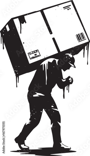 Stylized silhouette of a worker carrying a heavy box with drippi