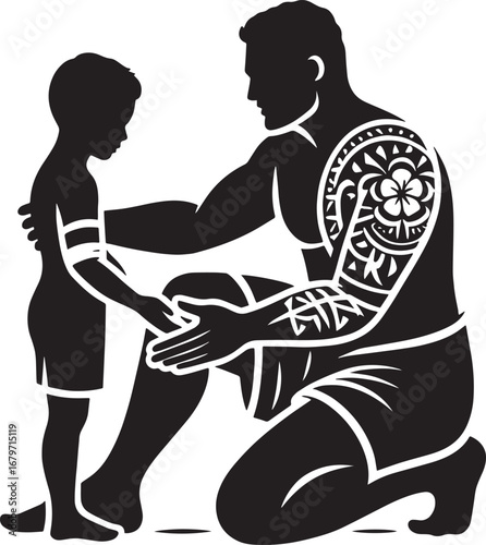 Silhouette of a Father and Son in a Tender Moment of Connection and Guidance, Vector Art