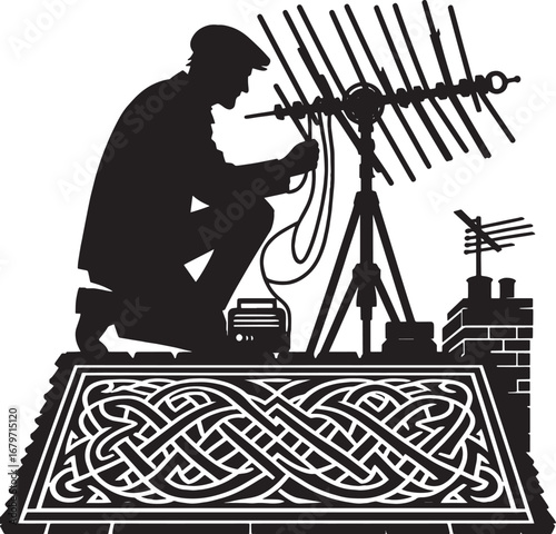 Silhouette of a Technician Installing an Antenna on a Rooftop with an Intricate Pattern