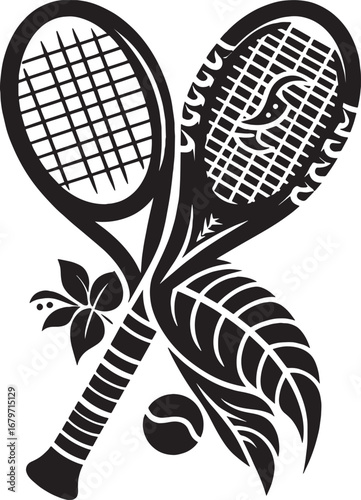 Elegant Black and White Tennis Illustration Featuring Rackets, Ball, and Floral Elements