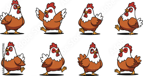 Cartoon chickens walk in various poses. Poultry, farm animals, animation, characters, humorous, funny.