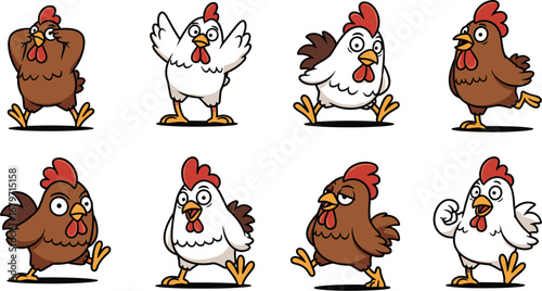 Chickens express varied emotions while walking. Cartoon poultry, farm animals, quirky animation, bird characters, illustration, comical, playful, fun, cheerful, avian