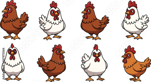 Cartoon chickens in rows, brown and white variants. Farming, poultry, agriculture, livestock, farm animals, birds, cute, domestic, illustration, comic