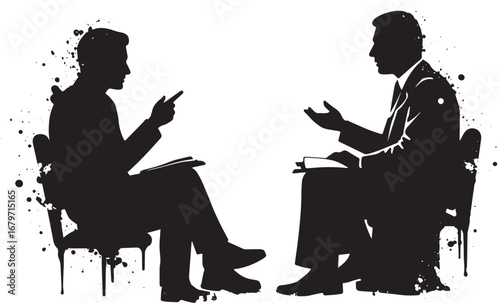 Two businessmen engage in dynamic discussion with expressive sil