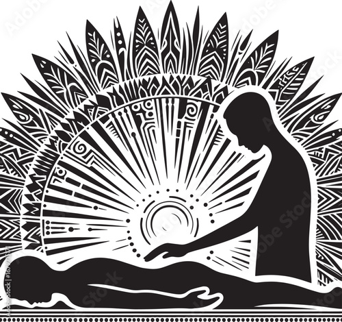 Artwork Depicting Energy Healing Session with Stylized Sunburst Background and Tribal Patterns