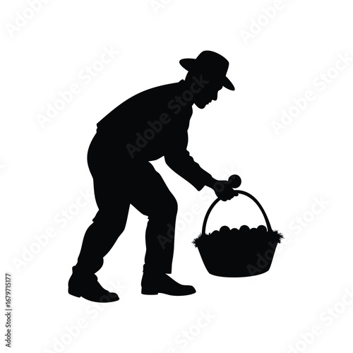 Silhouette of a man picking up eggs and putting them in basket, farmer collecting eggs silhouette vector illustration