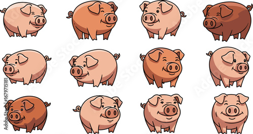 Group of cartoon pigs with various shades of pink. Farm animals, cheerful, livestock, cute, happy, illustration, drawing, domestic, piggy, swine