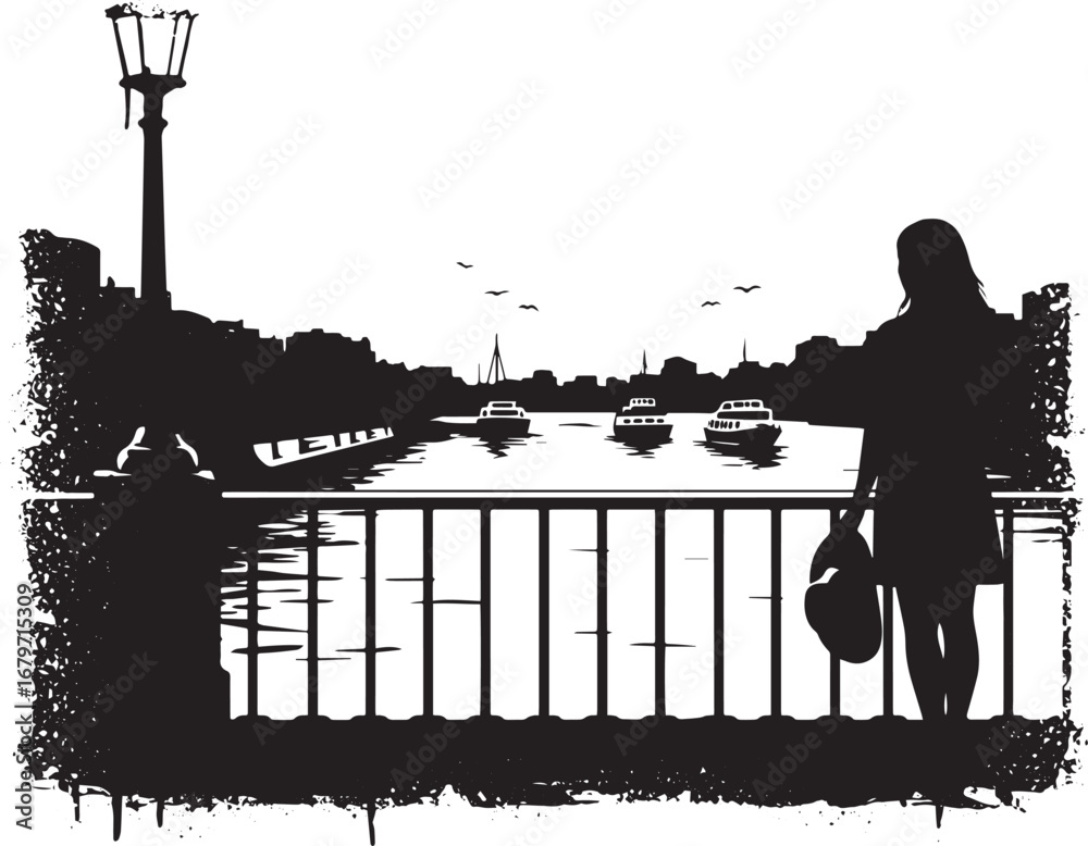 Fototapeta premium Monochrome contemplation: A woman's silhouette gazes at boats on