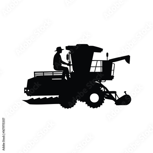 Silhouette of a Farmer Driving a Combine Harvester in a Field, farmer driving combine harvester silhouette vector illustration