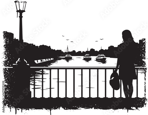 Monochrome contemplation: A woman's silhouette gazes at boats on