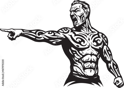Aggressive man pointing with tribal tattoo, embodying power and