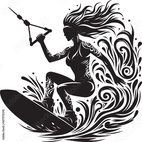 Silhouette of a Woman Wakeboarding, Artistic Illustration of Water Sports and Adventure