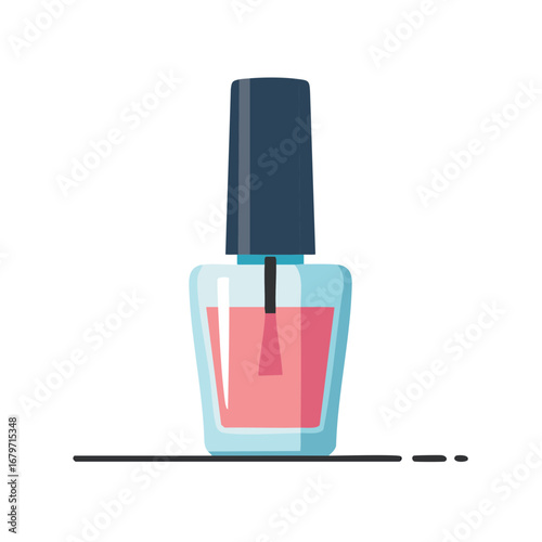 Vector illustration depicting a bottle of nail polish with a light pink color of liquid inside, cap, and brush applicator