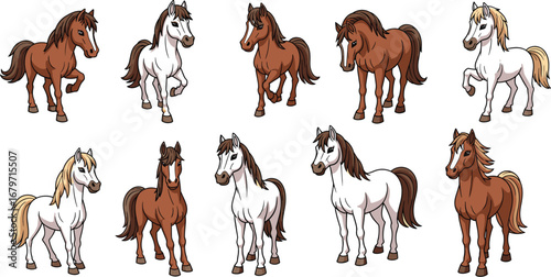 Cartoon horses pose in varied colors. Equine, animal, character, farm, domestic, mammal, pony, pet, breed, foal